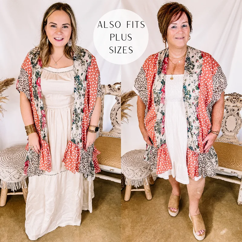 Above It All Mixed Animal and Floral Print Kimono with Ruffle Hem in Ivory and Salmon