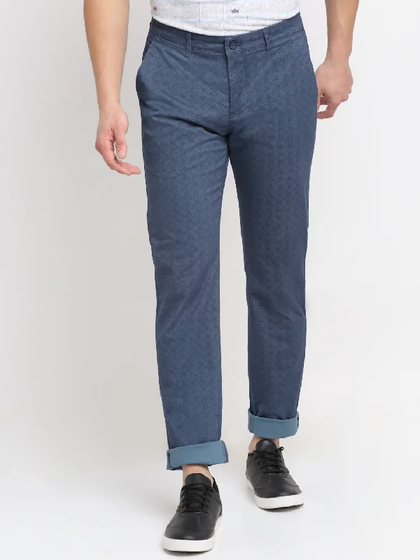 Men's Casual Flat front Blue Checks Trousers