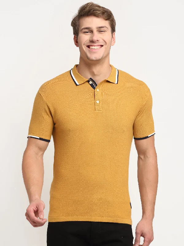 Men's Mustard  Polo neck Half Sleeve Flatknit T-Shirt