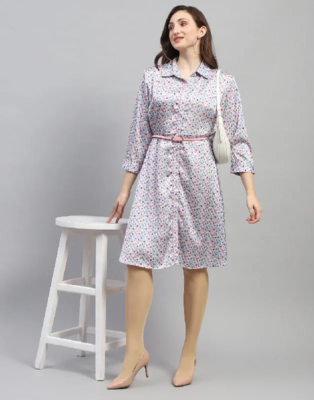 Women Off White Floral Print Collar Neck 3/4 Sleeve Dress