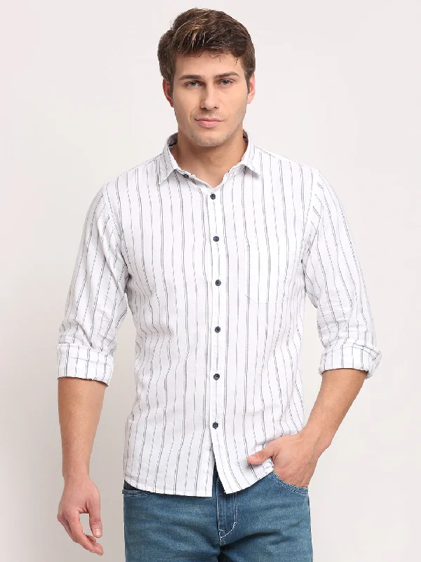 Men Cotton Striped White Full Sleeve Casual Shirt for Men with Pocket