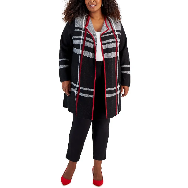 Plus Womens Checkered Cotton Cardigan Sweater