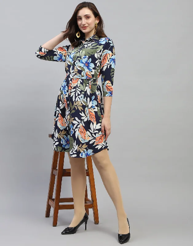 Women Navy Blue Floral Print Collar Neck 3/4 Sleeve Dress