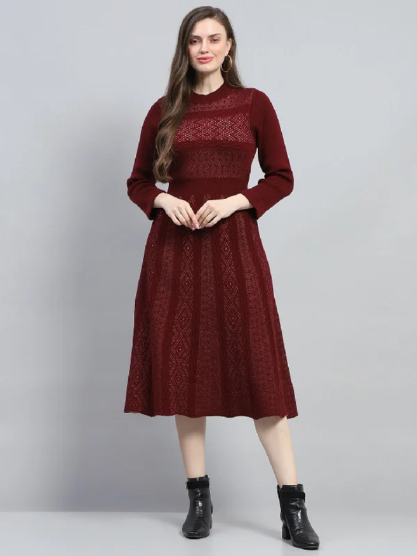 Women Maroon Self Design Round Neck Full Sleeve Dress