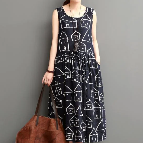 Smiling house black cotton sundresses plus size casual maxi dress sleeveless