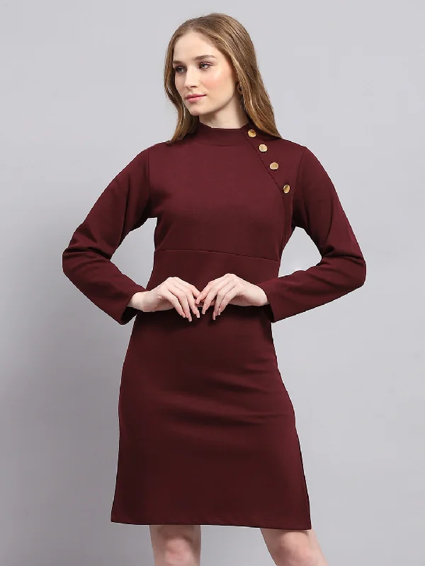 Women Maroon Solid Mock Neck Full Sleeve Dress