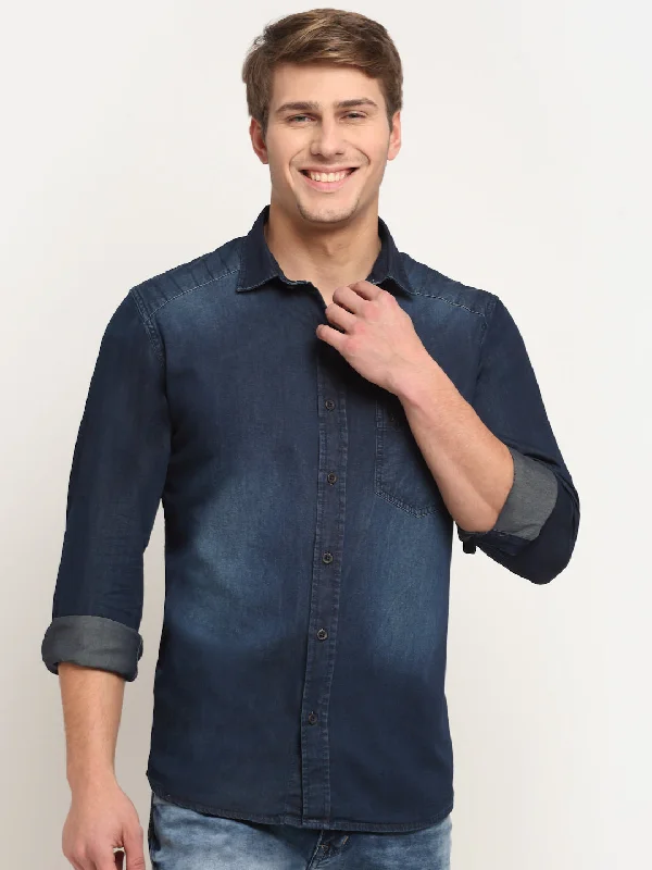 Men Cotton Solid Dark Blue Full Sleeve Casual Shirt for Men with Pocket