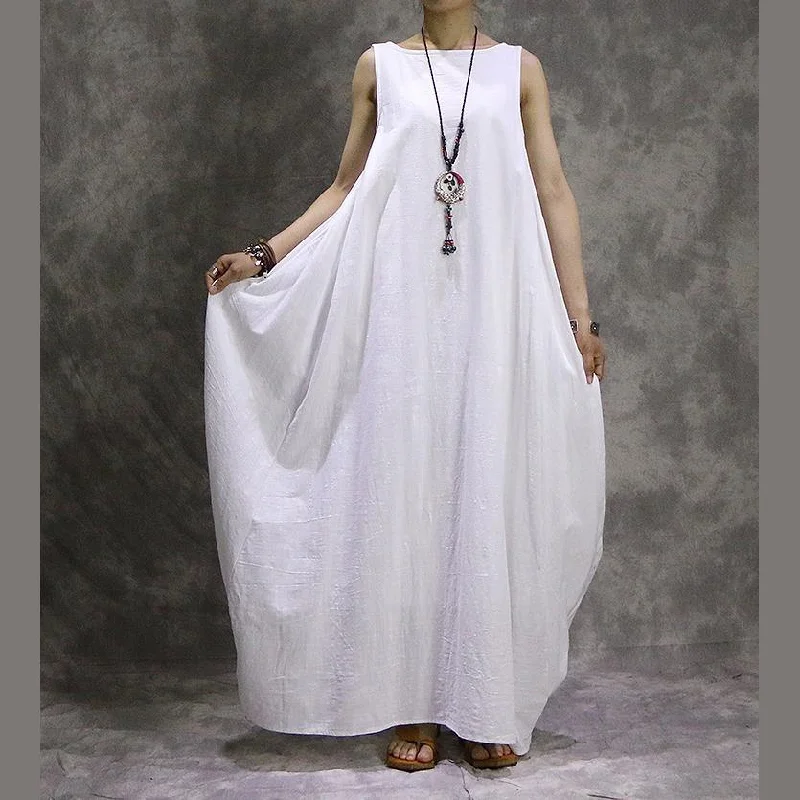 Modern O Neck Cotton Linen Outfit Boutique Photography White Traveling Dress Summer