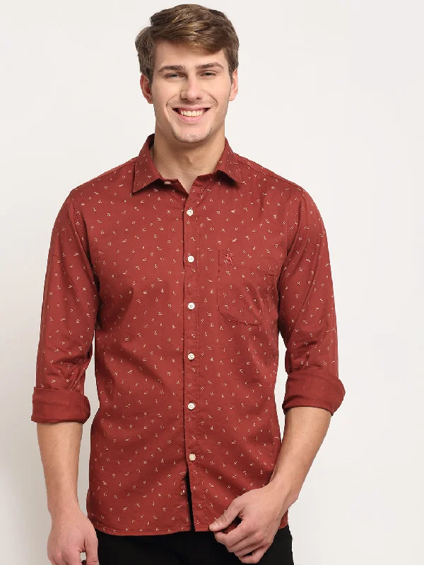 Men Cotton Printed Maroon Full Sleeve Casual Shirt for Men with Pocket