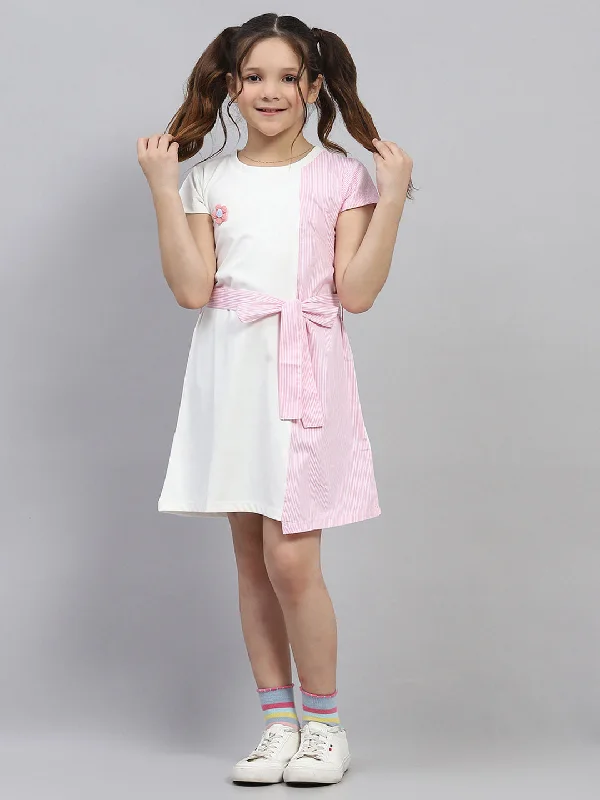 Girls Pink Stripe Round Neck Half Sleeve Dress