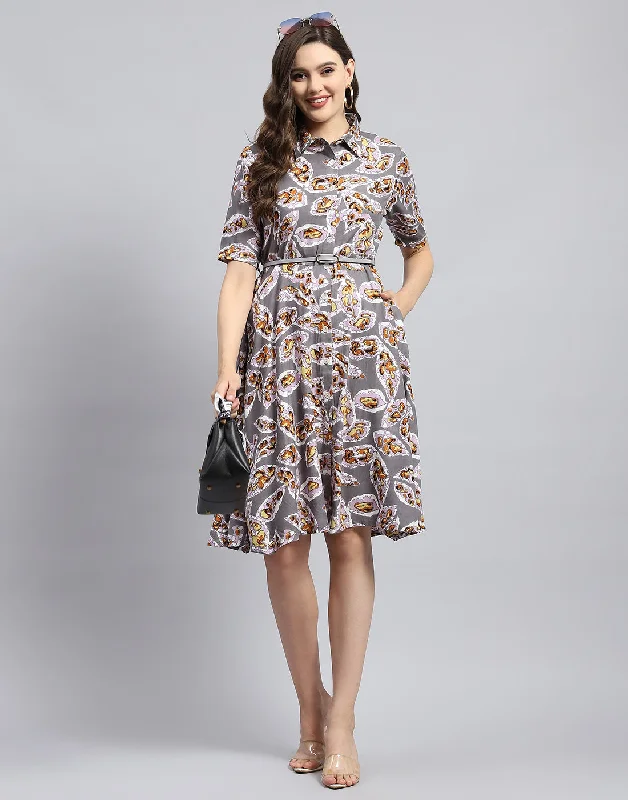 Women Grey Printed Collar Half Sleeve Dress