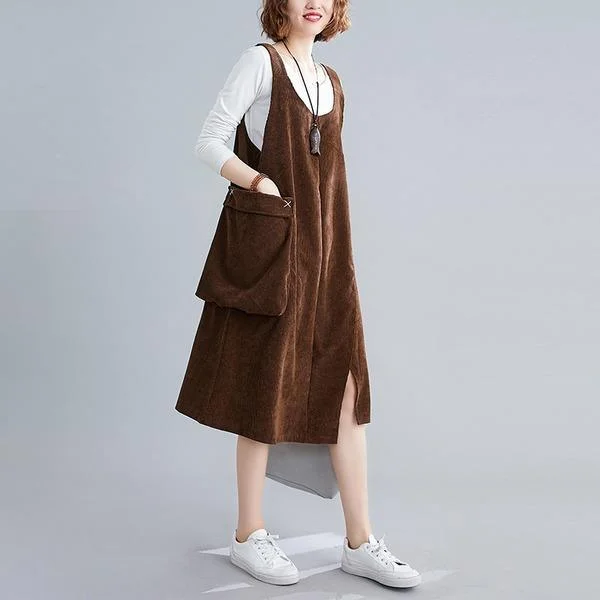 sleeveless plus size corduroy vintage women casual loose midi autumn spring elegant party dress clothes