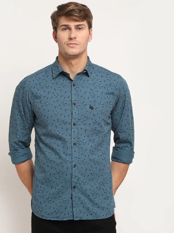 Men Cotton Printed Blue Full Sleeve Casual Shirt for Men with Pocket