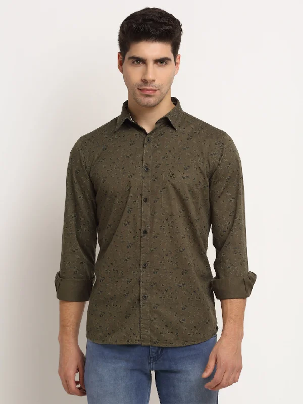 Men Cotton Printed Olive Full Sleeve Casual Shirt for Men with Pocket