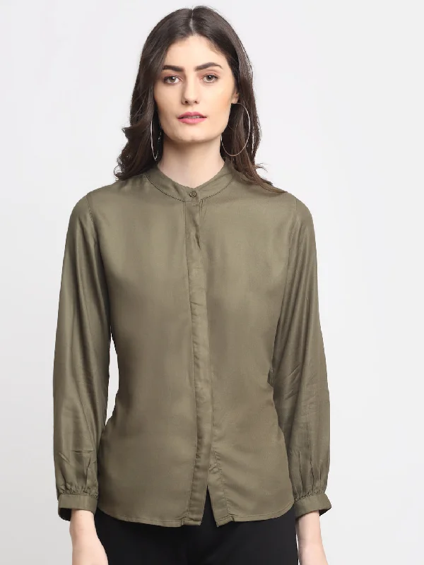 Women's Casual  Olive Green Solid Mandarin Collar Tunic