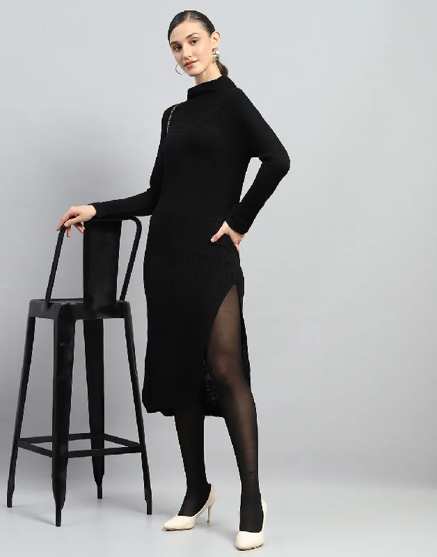 Women Black Self Design Turtle Neck Full Sleeve Dress