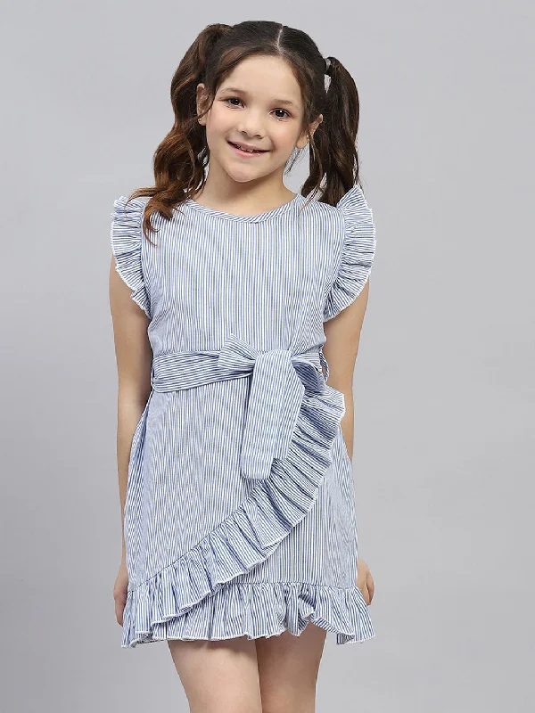 Girls Blue Stripe Round Neck Sleeveless Dress