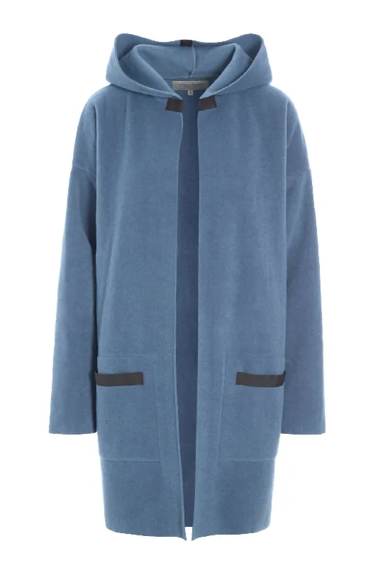 Fleece Long Cardigan W/ Hood In Dusty Blue