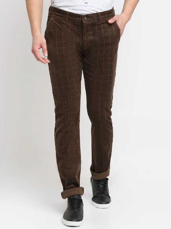 Men's Casual Flat front Brown Corduroy Checks Trousers