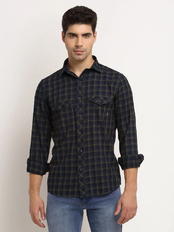 Men Cotton Checkered Olive Full Sleeve Casual Shirt for Men with Pocket