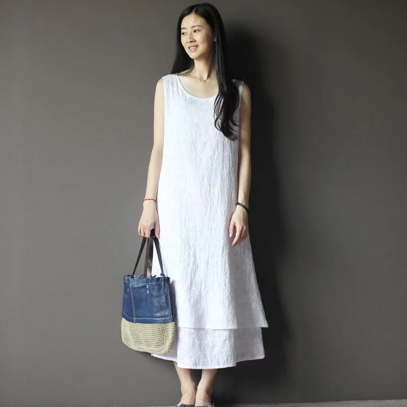 White pure cotton maxi dress layered casual sundress