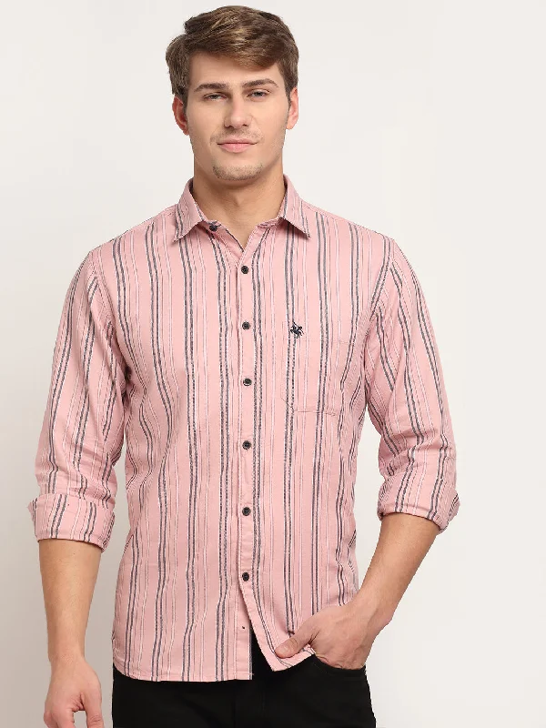 Men Cotton Striped Pink Full Sleeve Casual Shirt for Men with Pocket