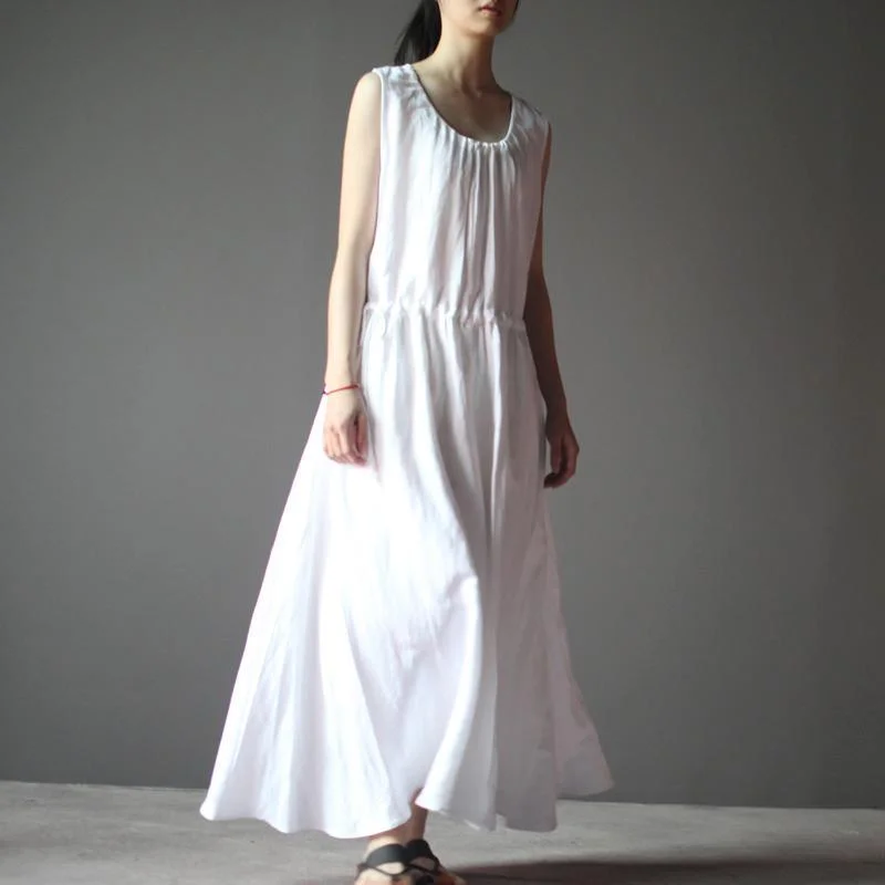 White summer linen dress sleeveless sundress casual maxi dress