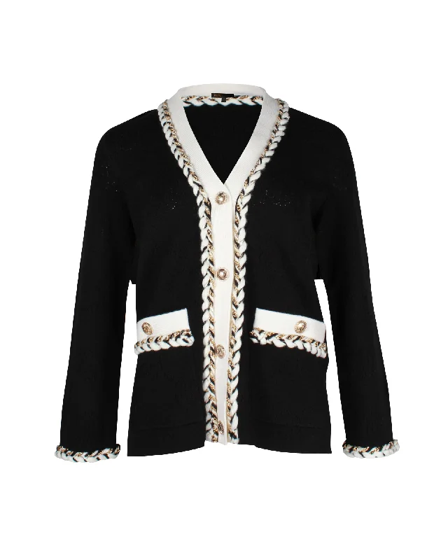 Maje Braided-Trim Moostier Cardigan in Black Acrylic-Wool Blend