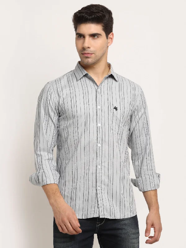 Men Cotton Striped Grey Full Sleeve Casual Shirt for Men with Pocket