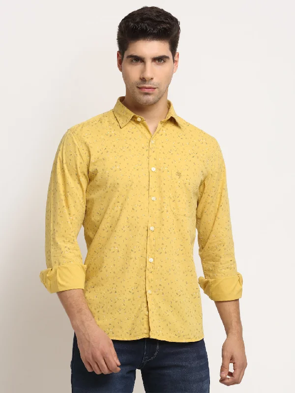 Men Cotton Printed Yellow Full Sleeve Casual Shirt for Men with Pocket