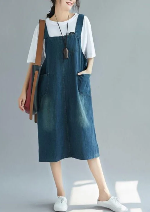 Organic Denim Blue Cotton Catwalk Spaghetti Strap Dress