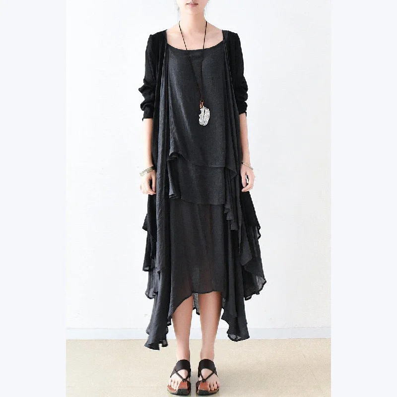 Fall Black Cotton Dresses Flowy Cardigan With Asymmetrical Layered Dress Inside Two Pieces