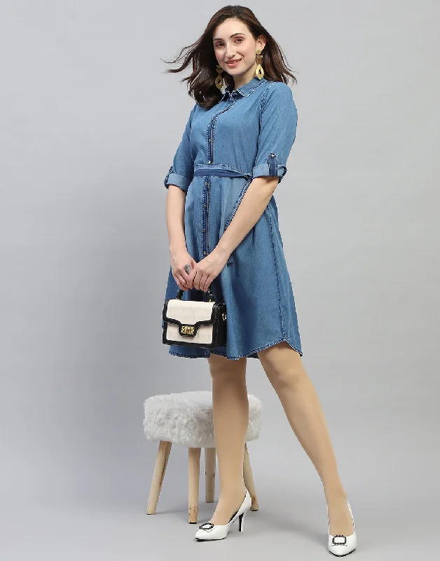 Women Blue Solid Collar Neck 3/4 Sleeve Dress