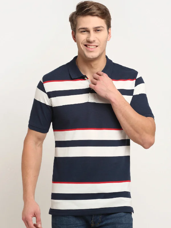 Men's Navy Blue Stripe Polo neck Half Sleeve T-Shirt