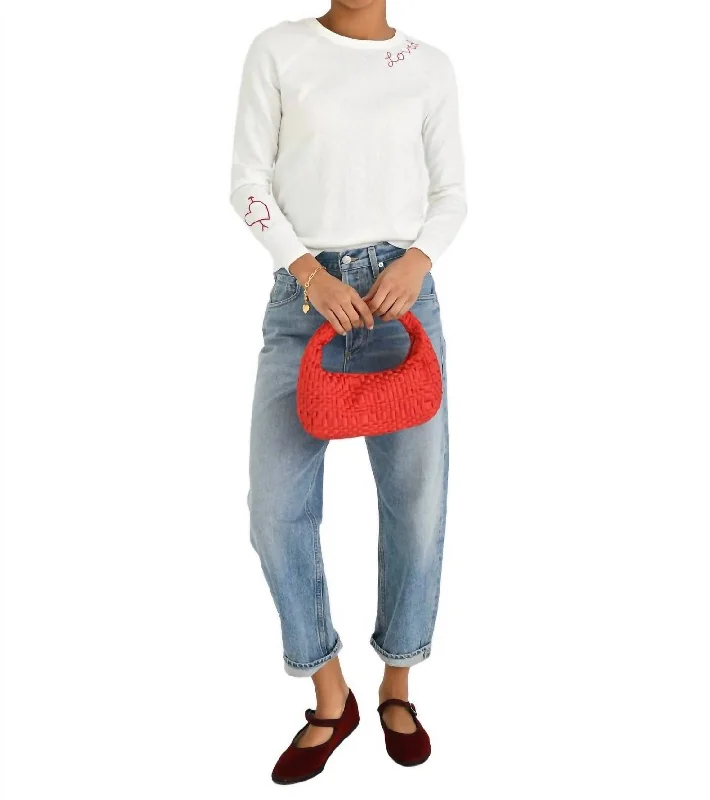 Love D Stitch Crew Sweater In White/red