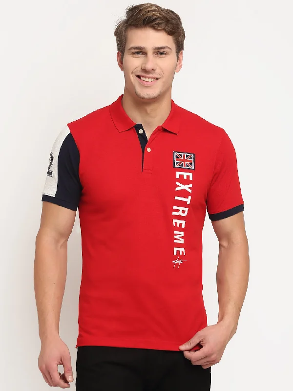 Men's Red  Polo neck Half Sleeve T-Shirt with color block sleeve