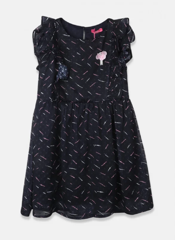 Girls Navy Blue Printed Dress