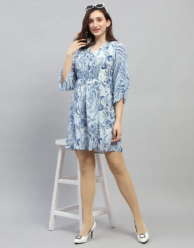 Women Sky Blue Printed V Neck 3/4 Sleeve Dress