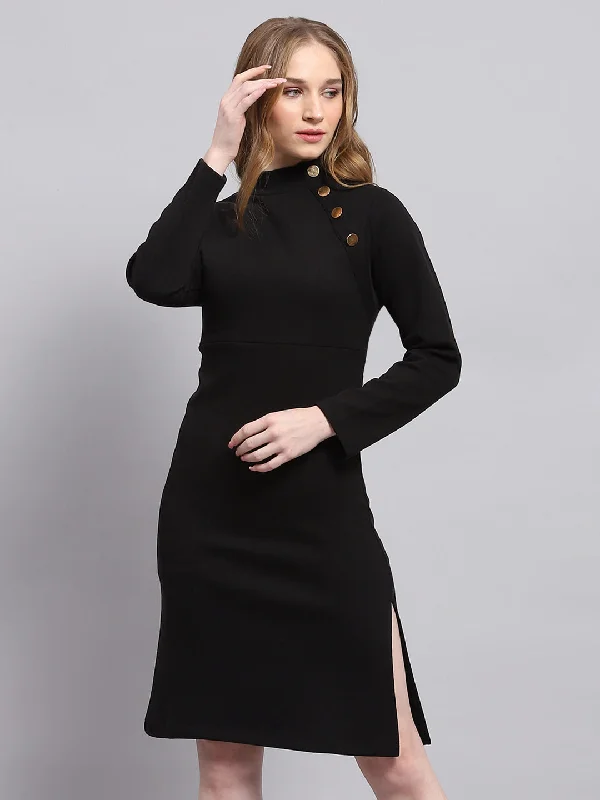 Women Black Solid Mock Neck Full Sleeve Dress