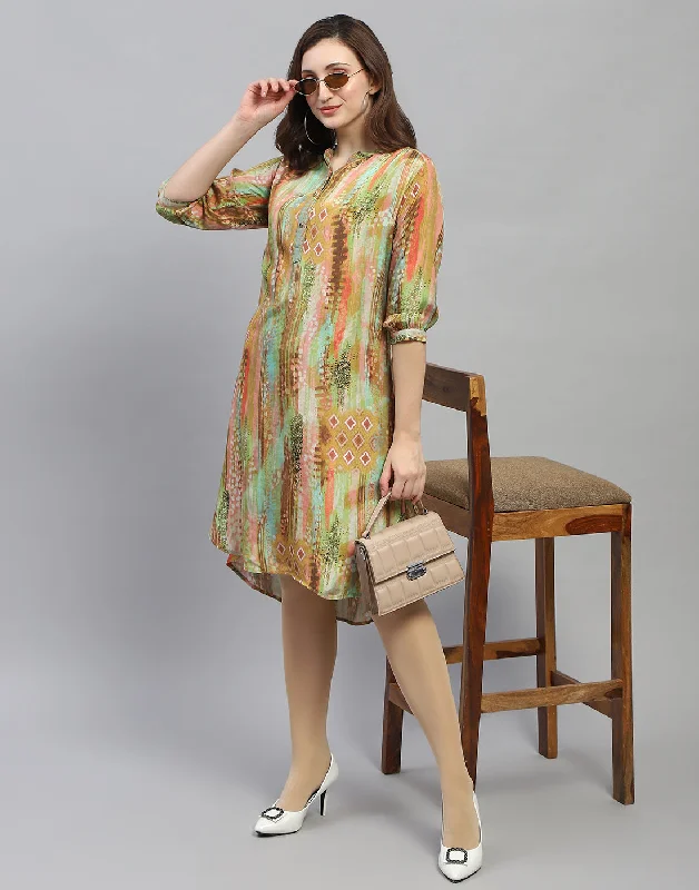 Women Multicolor Printed Band Collar 3/4 Sleeve Dress