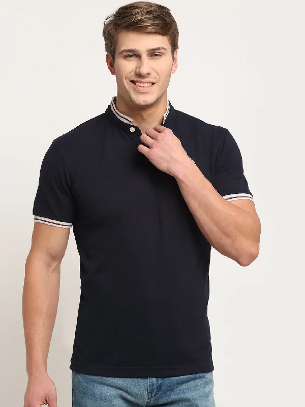 Men's Navy Blue Mandarin neck Half Sleeve T-Shirt