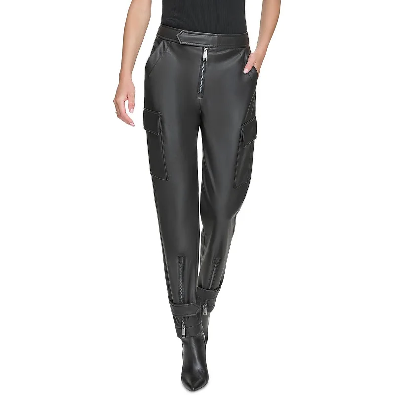 DKNY Womens Faux Leather High Rise Cargo Pants