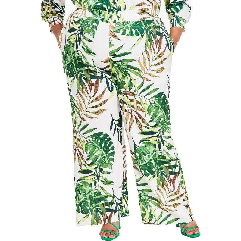 Nina Parker Womens Plus Tropical Print Pull On Wide Leg Pants