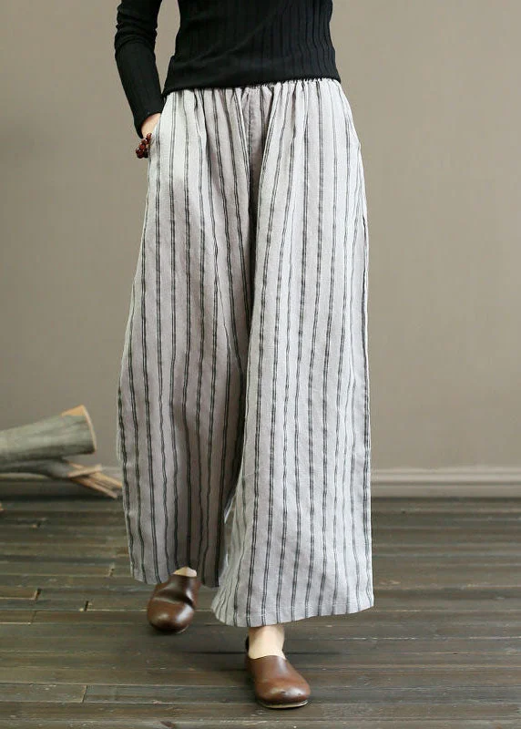 Unique Light Grey Elastic Waist Oversized Striped Linen Pants Trousers