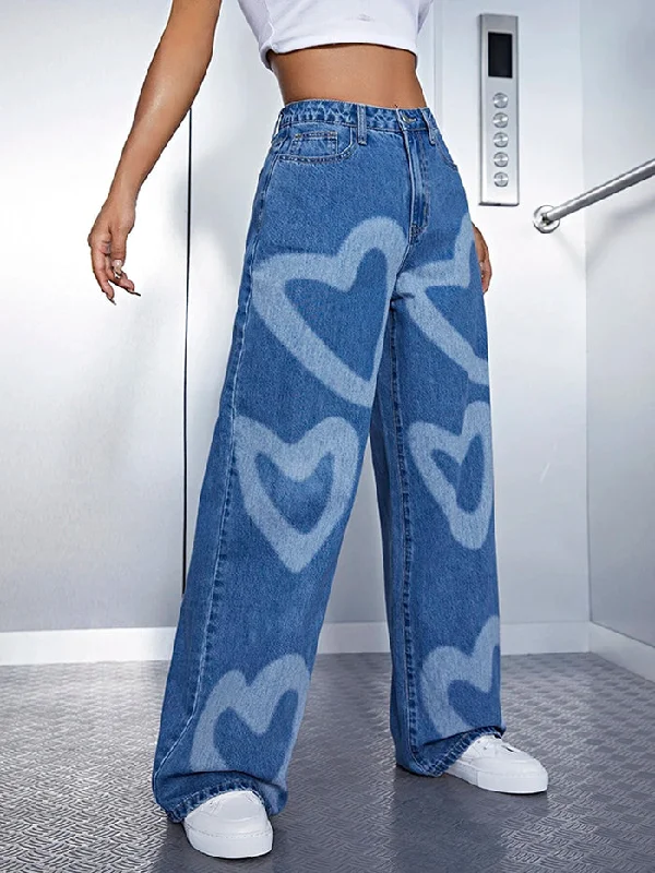 Urban Heart Shape Printed Wide Leg Denim Pants