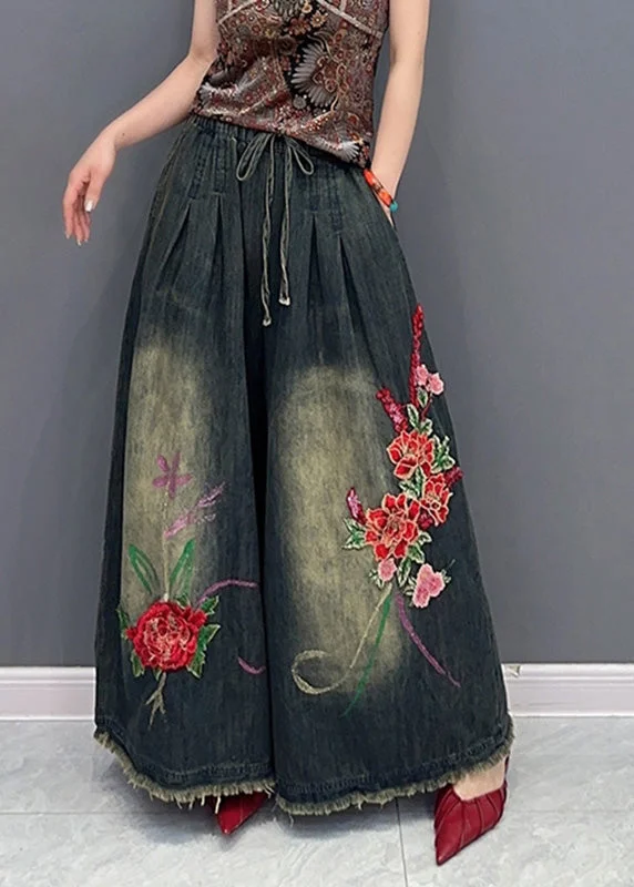 Vintage Navy Embroideried Tie Waist Pockets Wide Leg Denim Pants