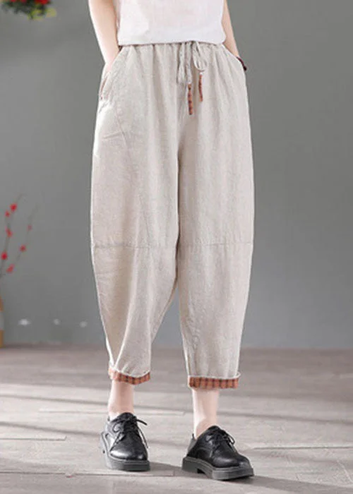 White Patchwork Linen Harem Pants Elastic Waist Drawstring Fall