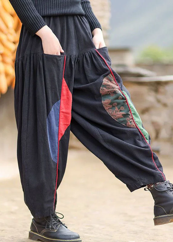 Women Black Elastic Waist Pockets Patchwork Warm Fleece Pants Winter